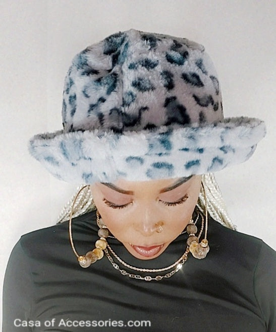 Grey Leopard Fluffy Bucket Hat