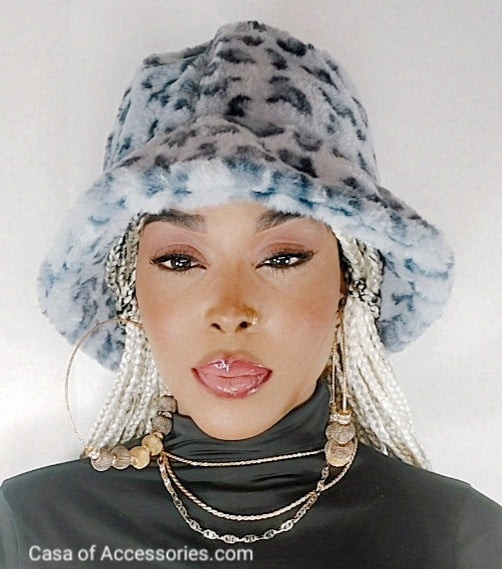 Grey Leopard Fluffy Bucket Hat