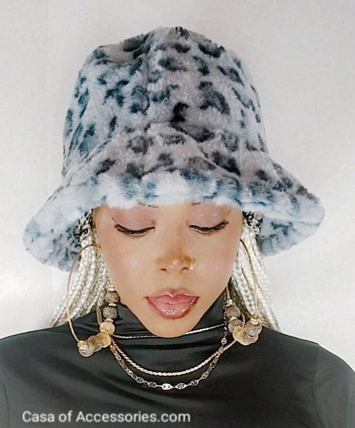 Grey Leopard Fluffy Bucket Hat