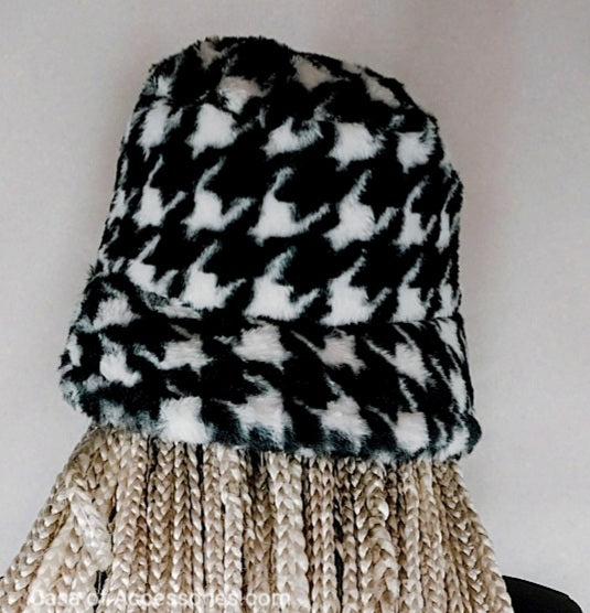 DogTooth Pattern Fluffy Bucket Hat Faux Fur