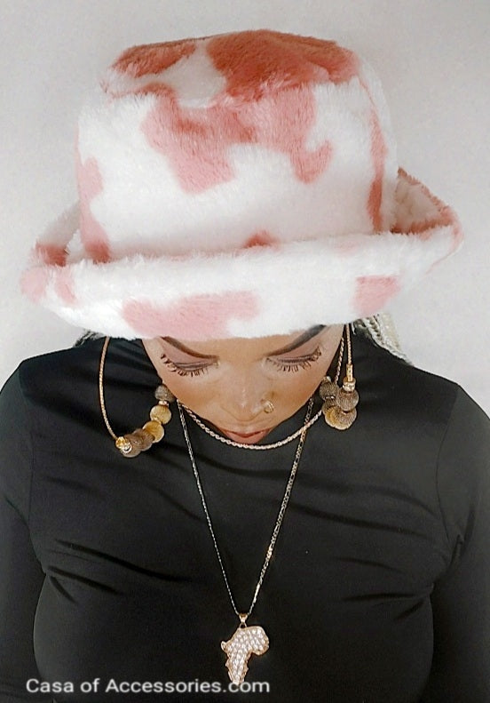 Cowprint Fluffy Bucket Hat - Pink/White