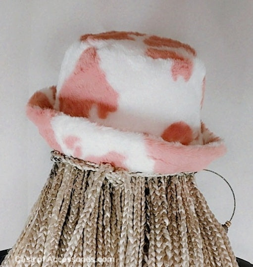 Cowprint Fluffy Bucket Hat - Pink/White