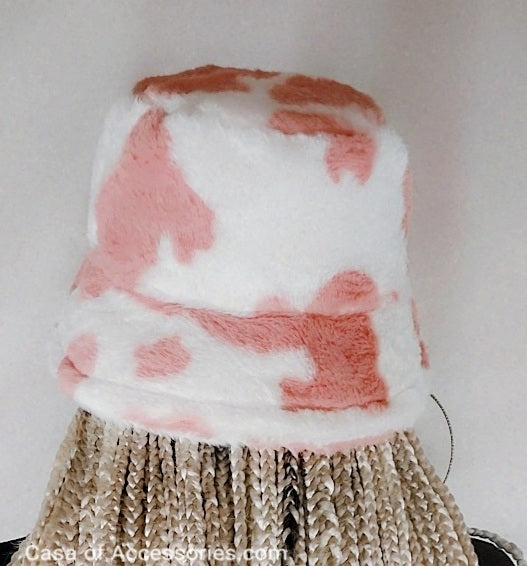 Cowprint Fluffy Bucket Hat - Pink/White