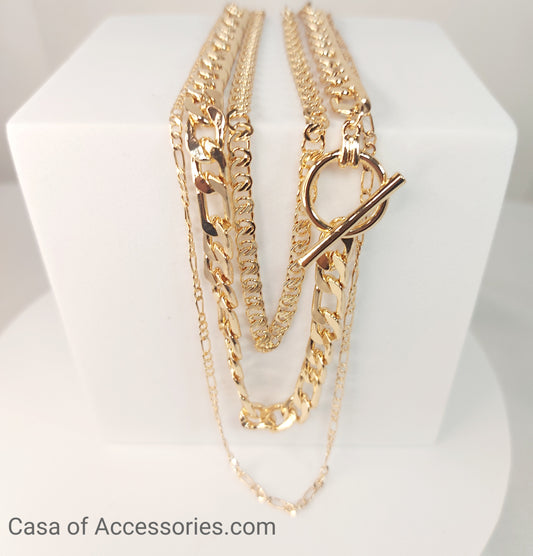Chunky Gold Layered T bar Chain Necklace