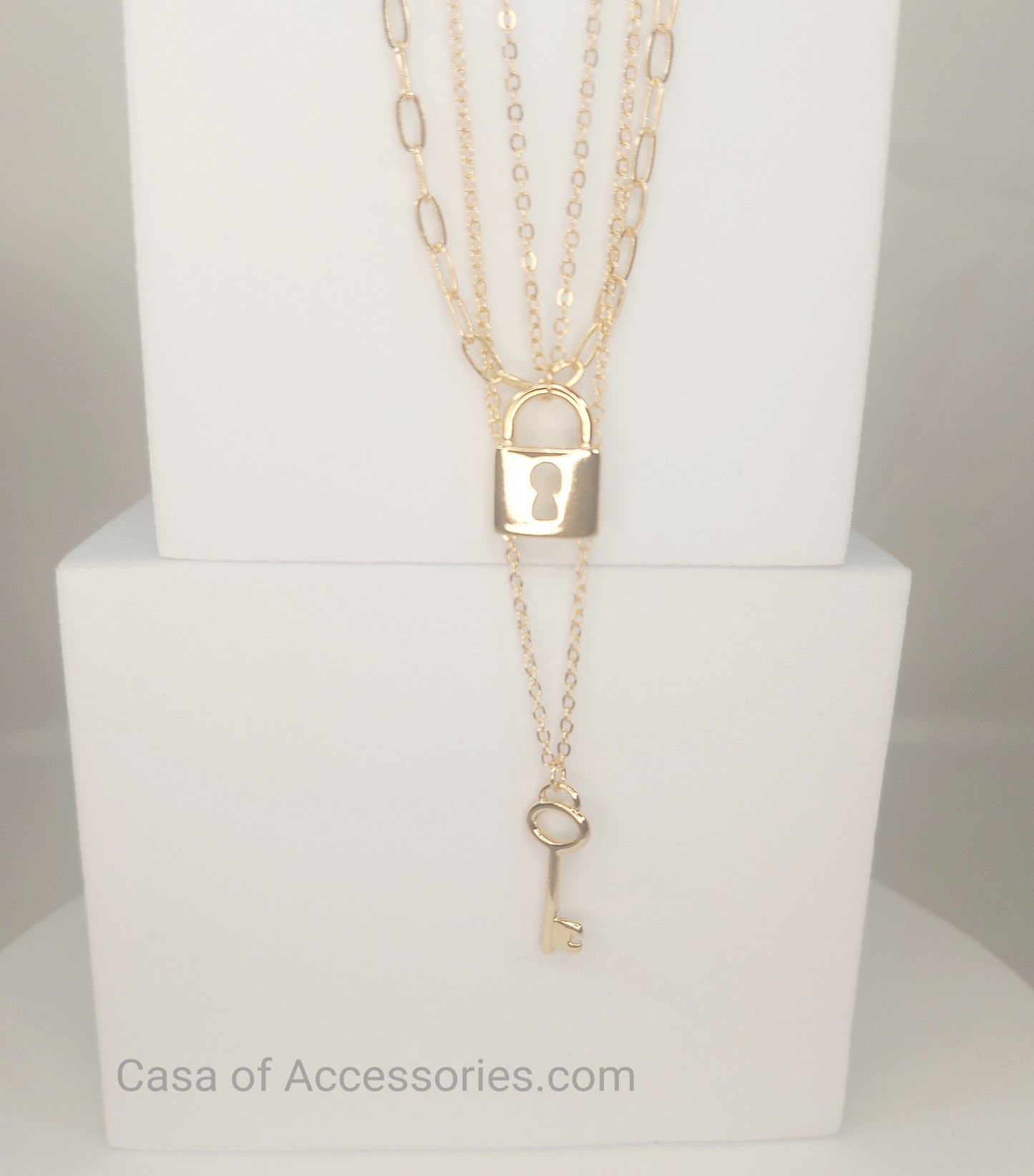 Dainty 3 Layered Necklace with Padlock, Tbar, Coin Pendant