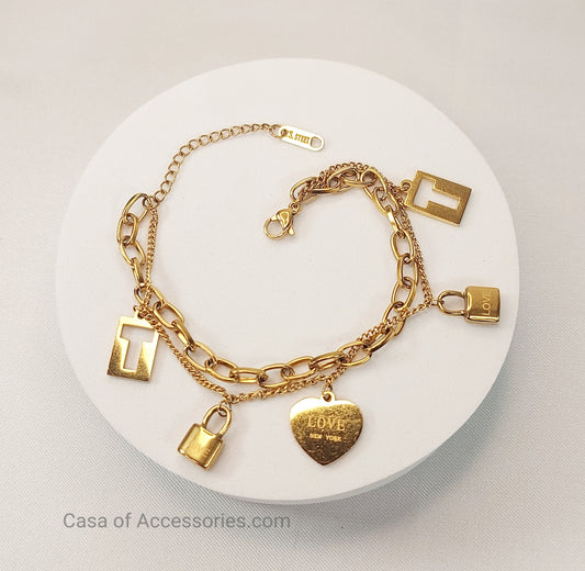 Love Gold Bracelet with Heart and Padlock Charms 