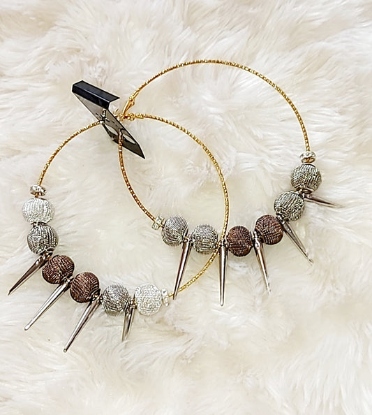 Spiky Mesh Beads Hoop Earrings - Silver/Bronze