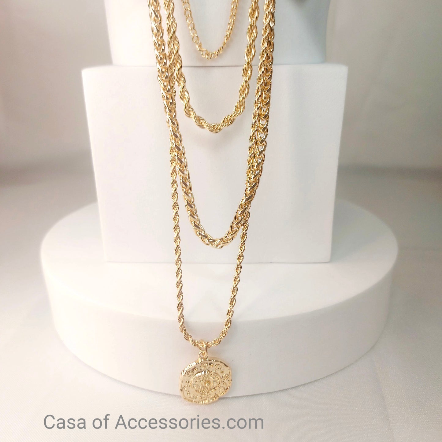 Gold Layered Rope Chain Necklace with Coin Pendant