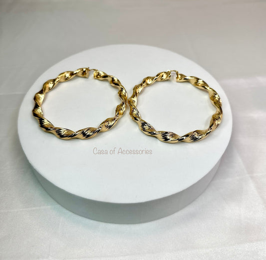 Gold Twisted Hoop Earrings - with pattern detail