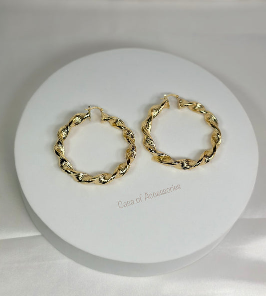 Gold Twisted Hoop Earrings - with pattern detail