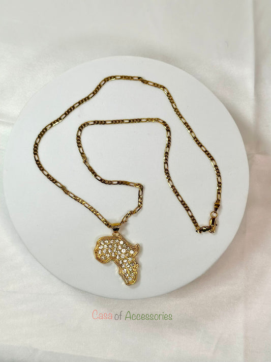 African Continent Pendant Necklace with Diamante detail - Gold